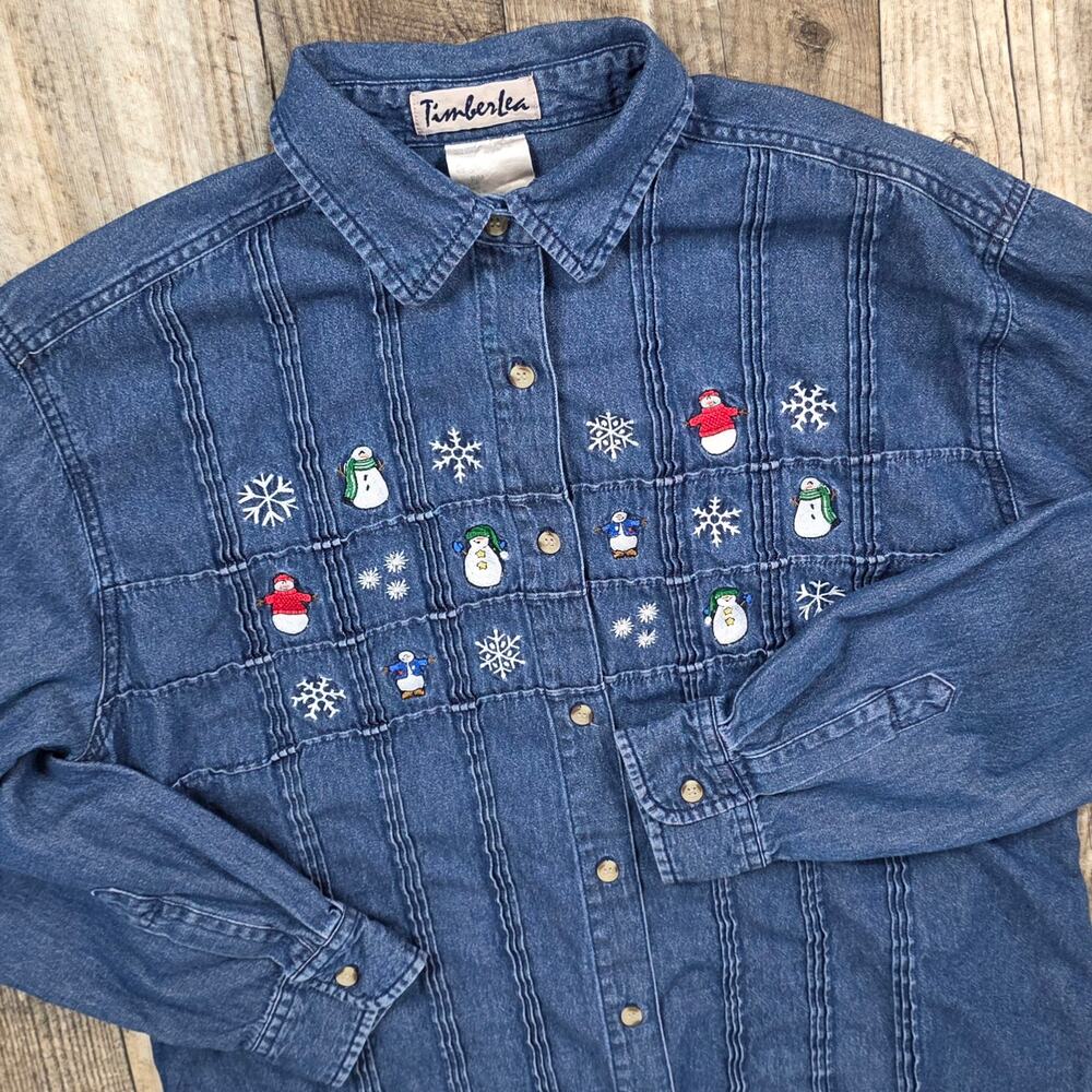 Vintage Christmas Denim Shirt Snowflake Holiday Size Small/Medium Embroidered